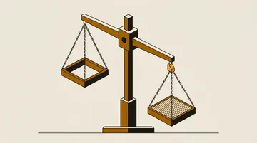 A balance with a plain pan and a hatched pan, beam tilted