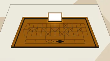 A table layout from above with ruled lines and a blank card