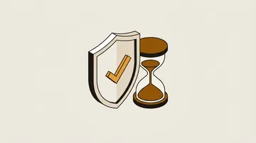 A shield with a check mark beside an hourglass