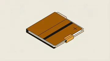 A closed folder with a diagonal band and a stamped cross