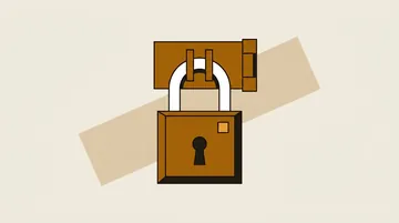 A padlock on a closed hasp with a diagonal band behind it