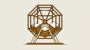 A wire dice cage holding three blank cubes