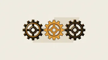 Three interlocking square-toothed gears, the middle in amber