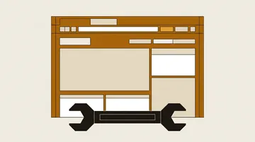A wireframe browser window with blank panels and a spanner